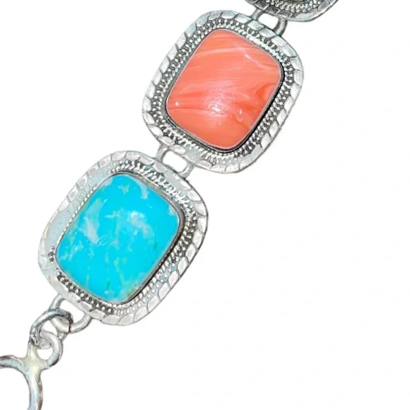 925 Sterling Silver Vintage Mexico Real Multi-Color Gem Link Bracelet 6 1/4" - Picture 7 of 8